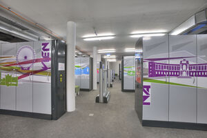 Ski lockers with city motifs such as Vienna and Berlin.